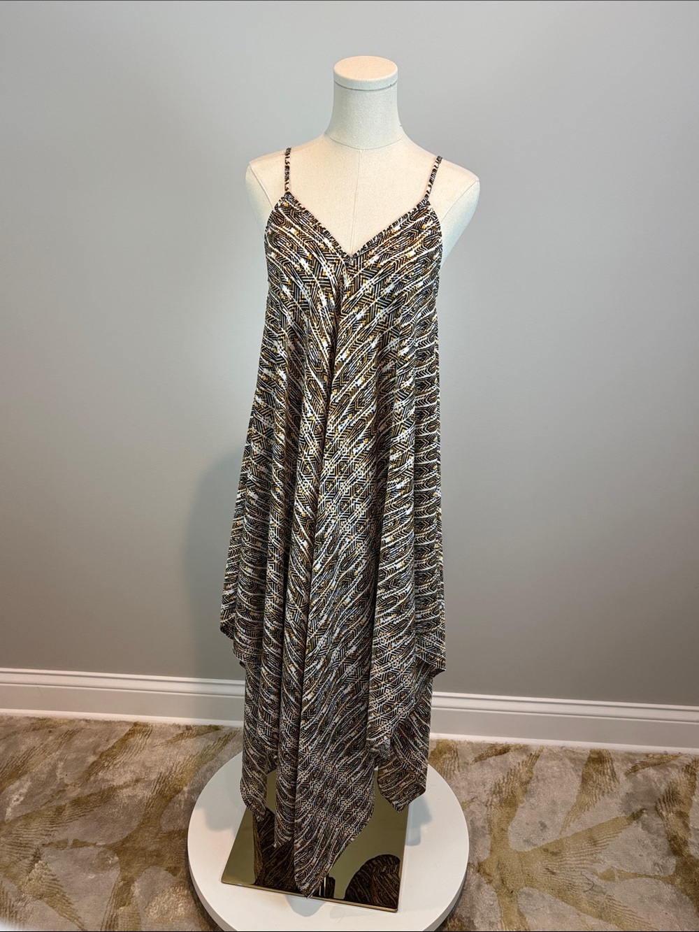 Magic Asymmetrical Slip Dress in Black and mustard Pattern